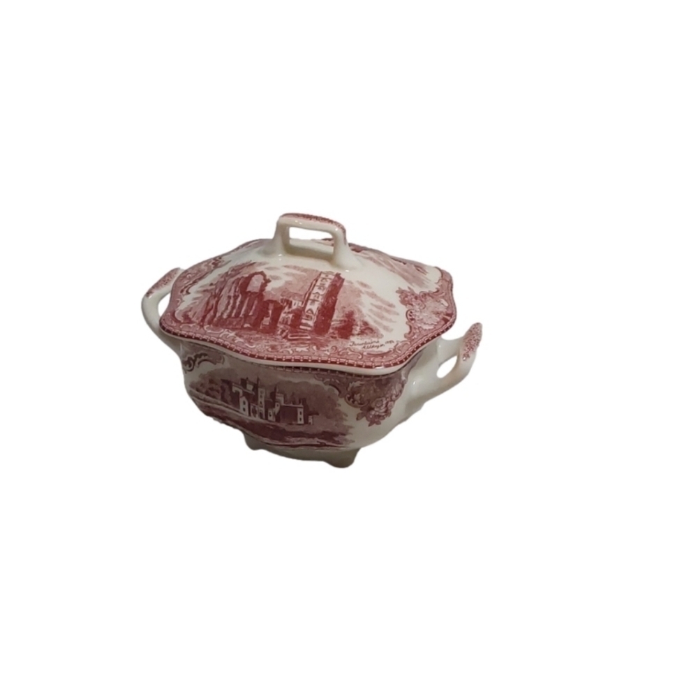 JOHNSON BROTHERS OLD BRITAIN PINK CASTLE ON THE‎ LAKE COVERED SUGAR BOWL